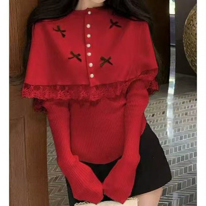 Blouse en tricot élégante pour femme avec bordure en dentelle et boutons décoratifs Chic & Stil