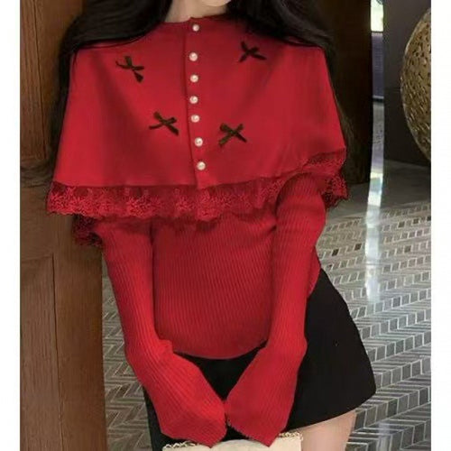 Blouse en tricot élégante pour femme avec bordure en dentelle et boutons décoratifs Chic & Stil