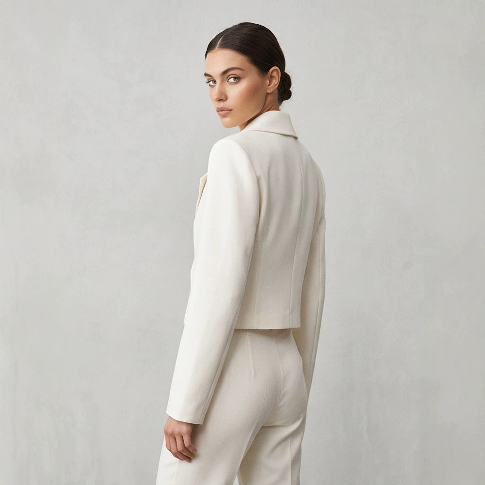 Women's Short Tailored Double-Breasted Shawl Collar Blazer with Emphasized Shoulder Area Amarae