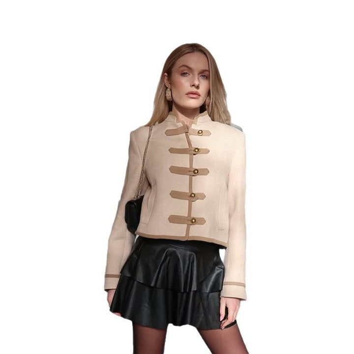 Women Short Military Inspired Jacket with Stand Collar and Decorative Button Placket Amarae