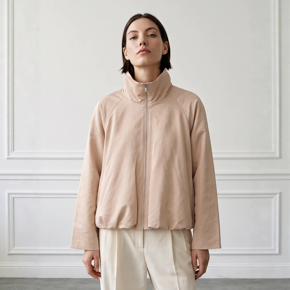 Women's light transitional jacket with high stand-up collar, raglan sleeves, and ballooned hem Amarae