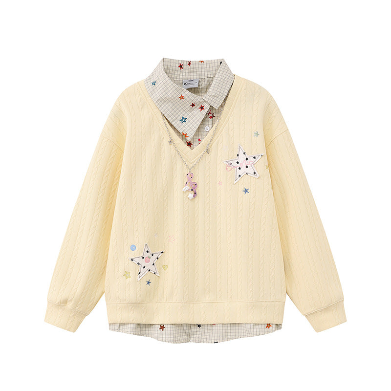 Women's Layered-Look Knit Sweater with Attached Shirt Placket, Star Appliqués and Chain Charm Amarae