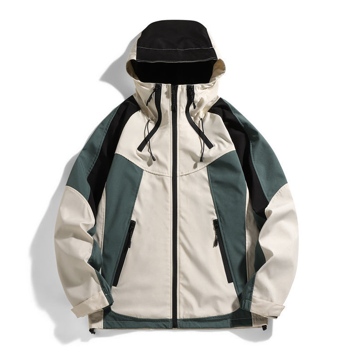 Technical outdoor jacket for men with waterproof properties and an adjustable hood Lune London