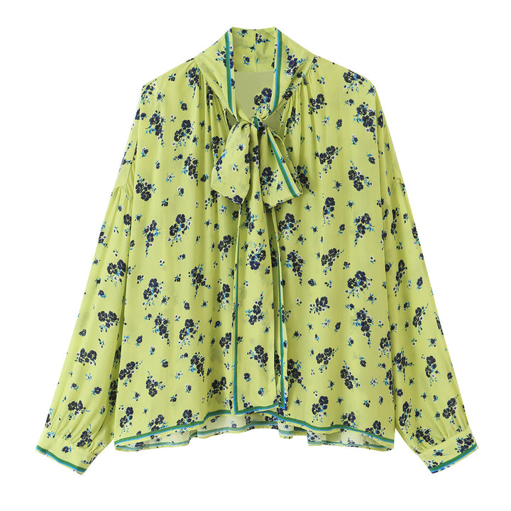 Women's Floral Satin Bow Blouse with Loose Fall and Retro Print Amarae
