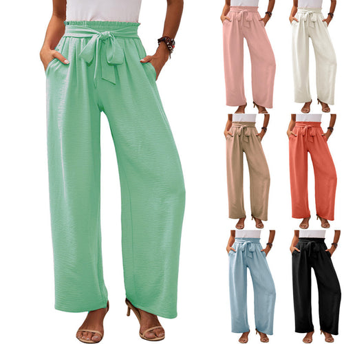 Wide palazzo pants for women with elastic waist and tie belt Amarae
