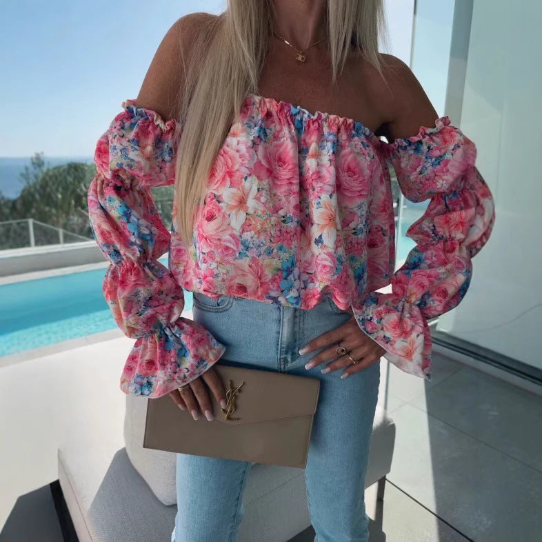 Woman Chic Top with Off-Shoulder and Puff Sleeves with Flowers