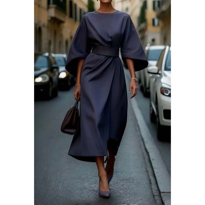 Ladies Elegant Midi Dress with Wide Kimono Sleeves and Fitted Wrap Waist Amarae