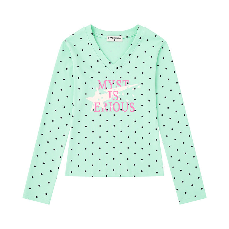 Women's long sleeve shirt made of cotton jersey with polka dot pattern and statement star print Amarae