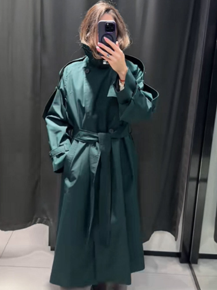 Women Long Water-Repellent Trench Coat with Waist Belt and High Stand Collar Amarae