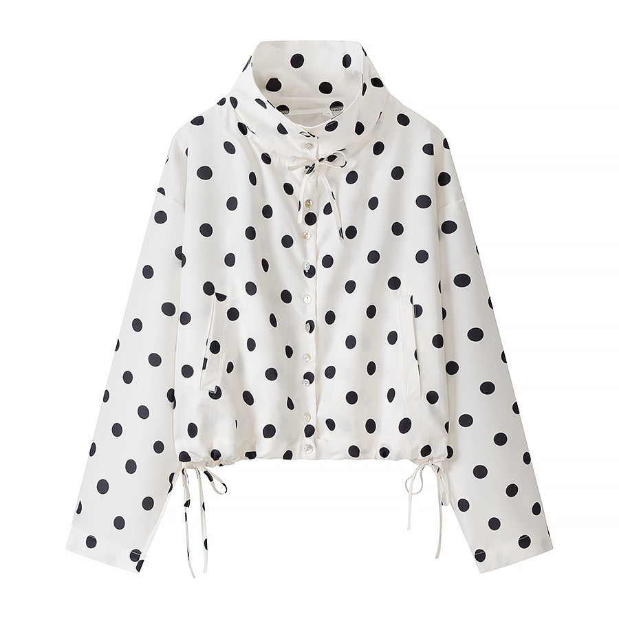 Women's Lightweight Polka Dot Wind Jacket with Stand-Up Collar and Drawstring Amarae