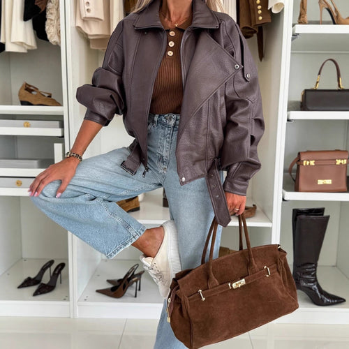 Veste de biker tendance pour femmes en simili cuir avec des manches bouffantes décontractées Chic & Stil