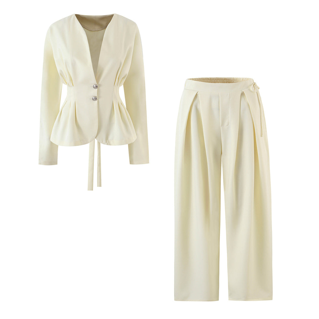 Women Tailored Wrap Blazer with Pleats and Tying Belt Amarae