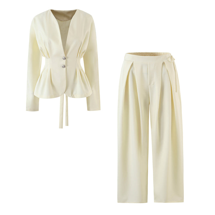 Women Tailored Wrap Blazer with Pleats and Tying Belt Amarae