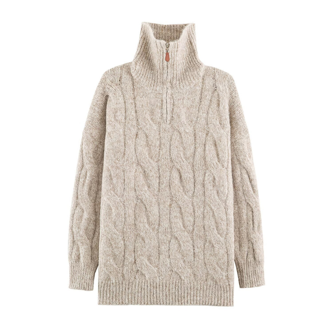 Women's Chunky Knit Long Sweater with Cable Pattern and Half-High Zip Collar Amarae