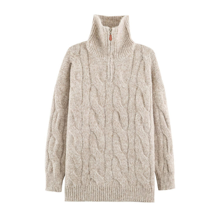 Women's Chunky Knit Long Sweater with Cable Pattern and Half-High Zip Collar Amarae