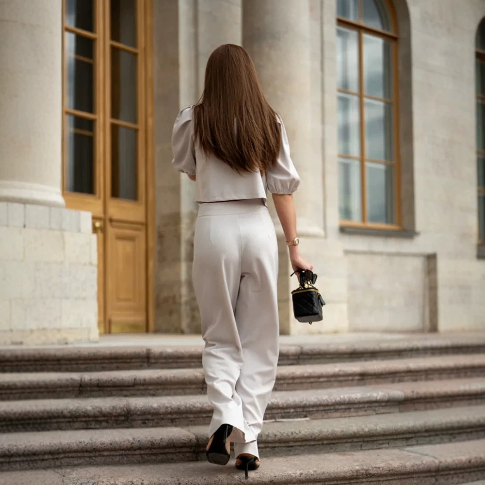 Women Two-Piece Tailoring Set with Short Jacket, Puff Sleeves and High-Cut Wide Pants Amarae