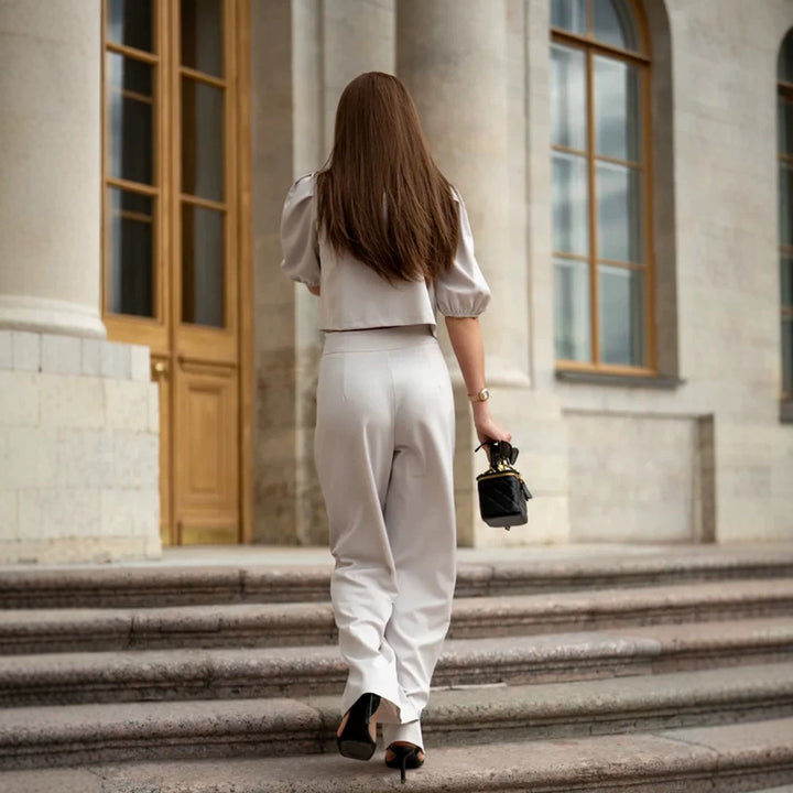 Women Two-Piece Tailoring Set with Short Jacket, Puff Sleeves and High-Cut Wide Pants Amarae