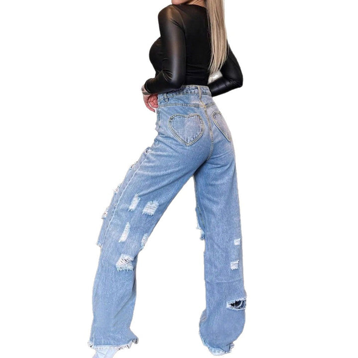Ladies High-Waisted Baggy Jeans with Large Destruction Rips and Frayed Hem Amarae