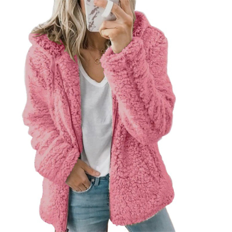 Women's fleece teddy jacket with hood, oversized cut and zipper Amarae