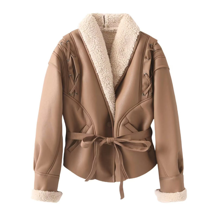 Trendy faux leather jacket for women with soft lining and tie belt Lune London