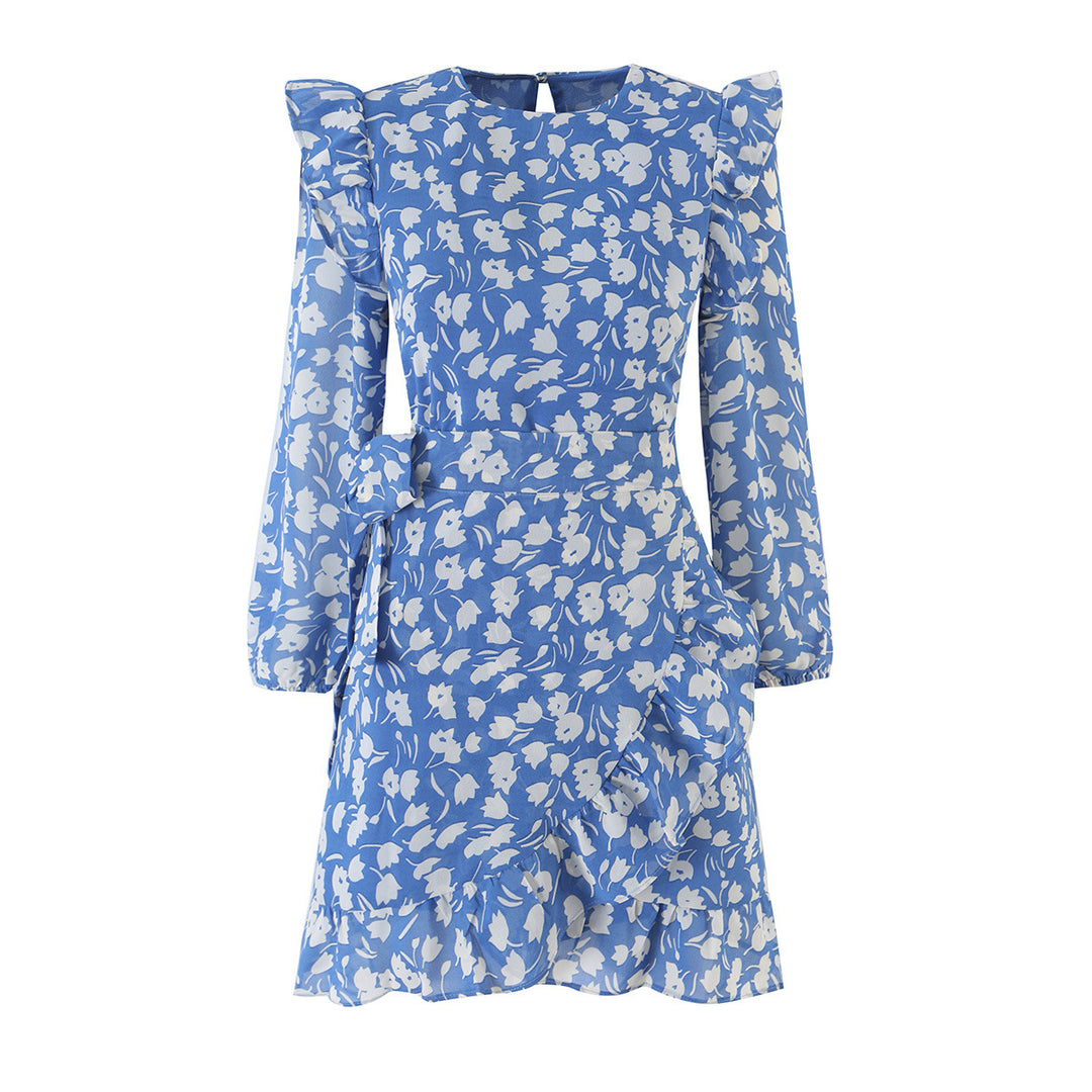 Women's Floral Chiffon Wrap Dress with Shoulder Ruffles and Belted Waist Amarae