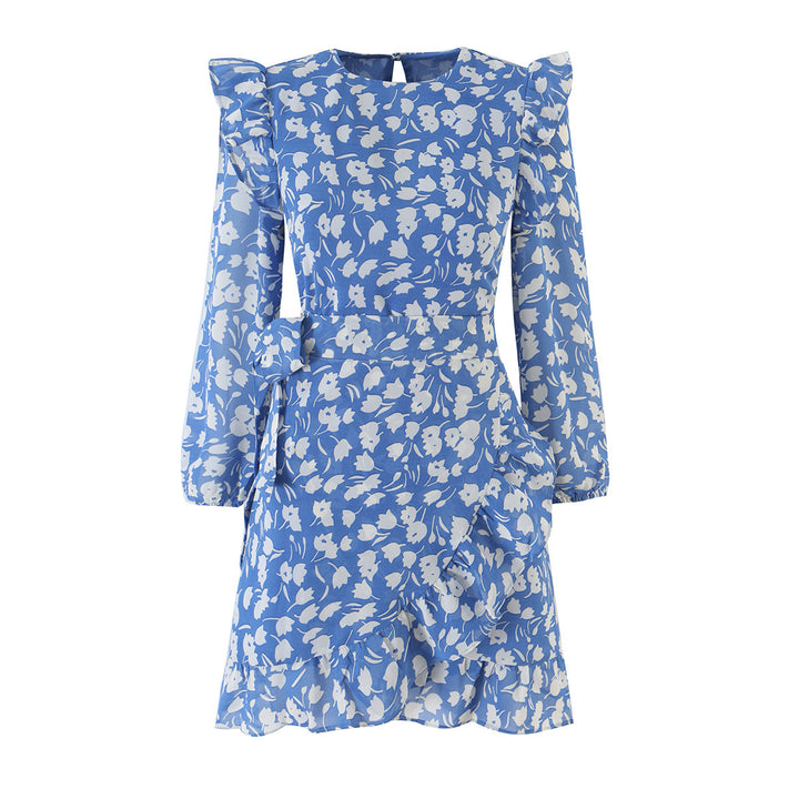 Women's Floral Chiffon Wrap Dress with Shoulder Ruffles and Belted Waist Amarae