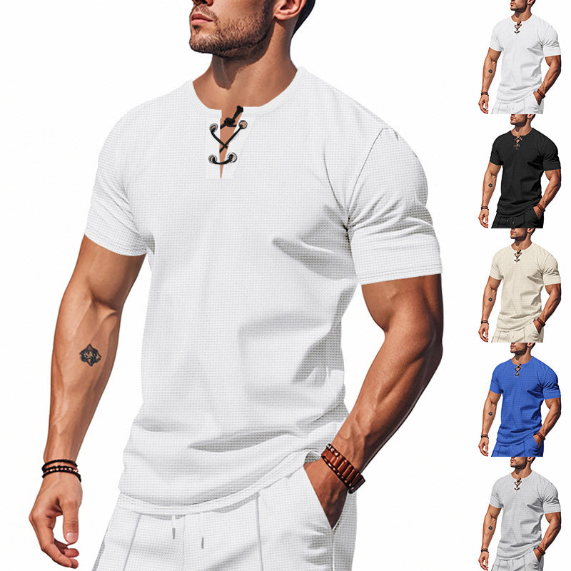 Men's short sleeve Henley shirt with decorative laces Lune London