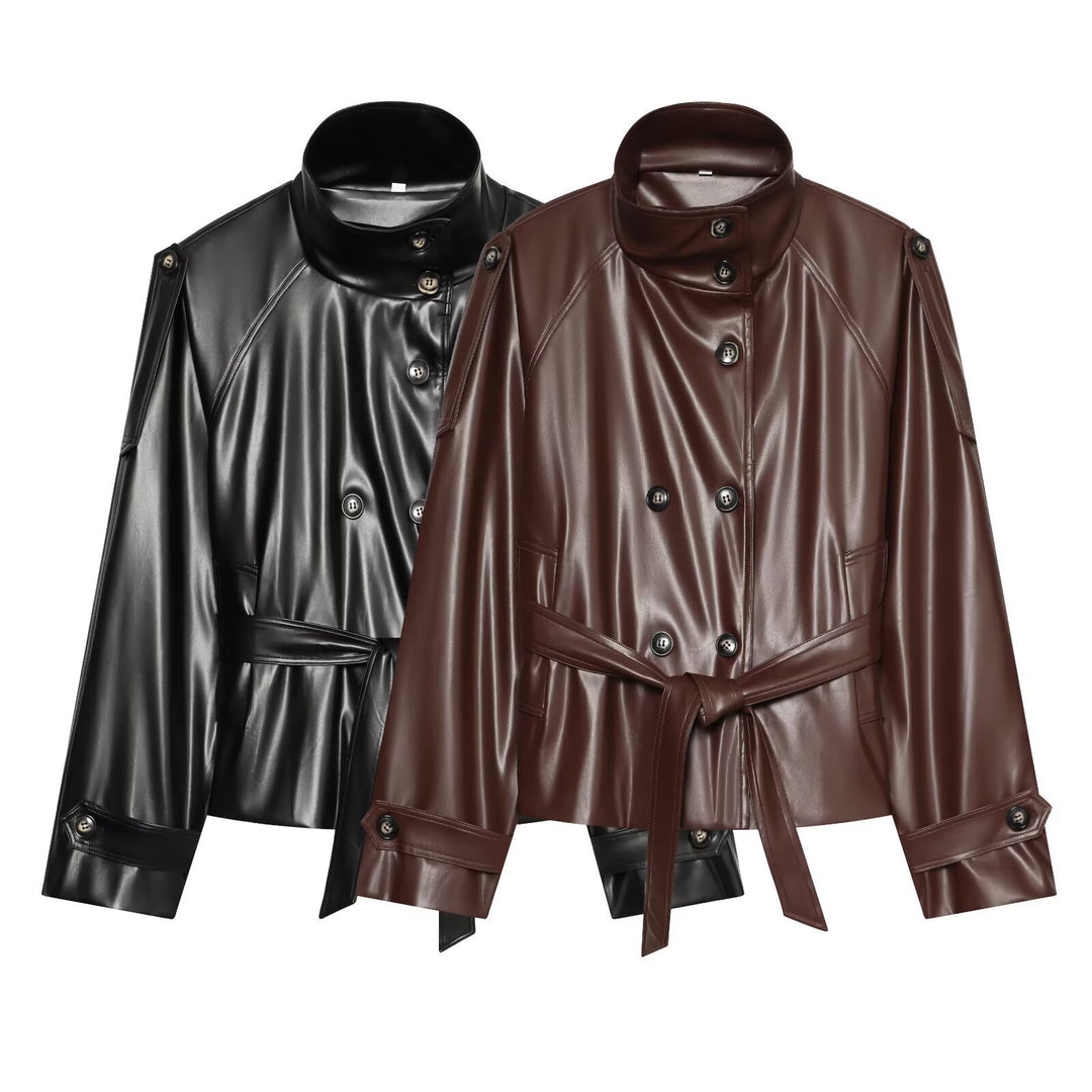 Women's Cropped Faux Leather Jacket with High Collar and Waistband Amarae
