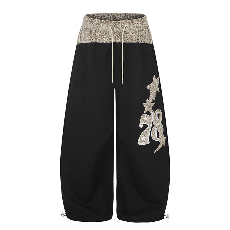 Women Extra Wide Palazzo Lounge Pants with High Comfort Waistband, Leopard Print Band and Decorative Star Number Appliqué Amarae