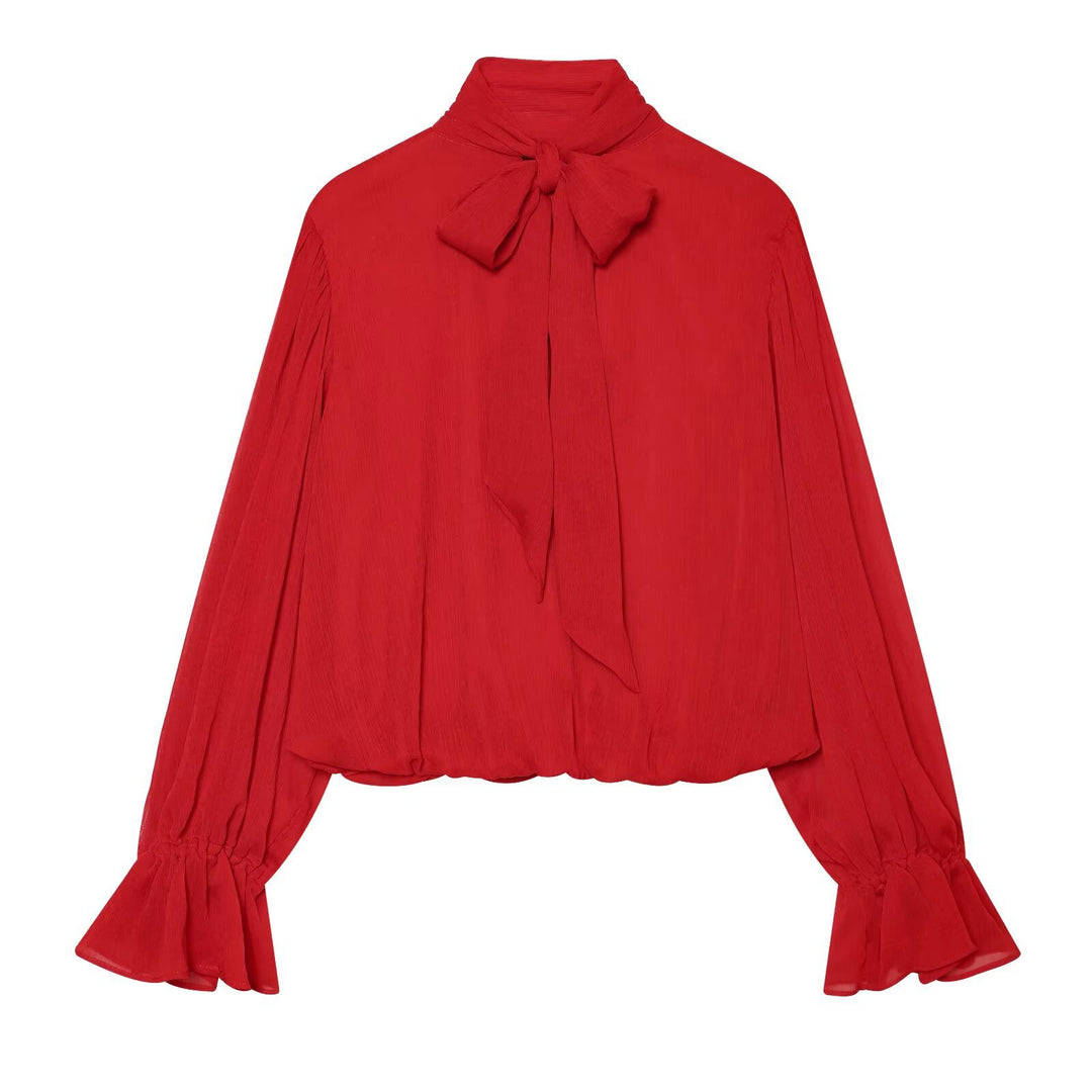 Women's chiffon blouse with tie, standing collar, and gathered balloon sleeves Amarae