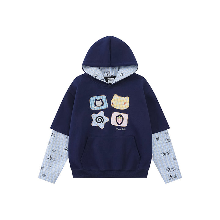 Women's hooded sweatshirt with layered look, kangaroo pocket and playful patch applications Amarae