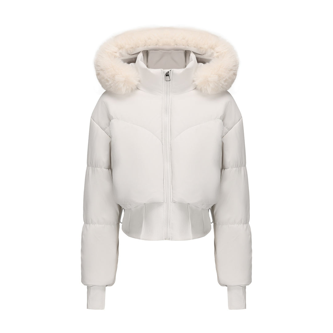 Short lined jacket for women with removable hood and warm faux fur collar Lune London