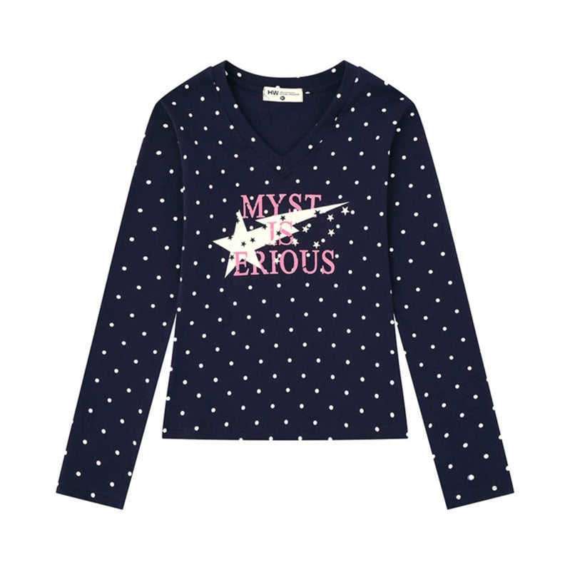 Women's long sleeve shirt made of cotton jersey with polka dot pattern and statement star print Amarae