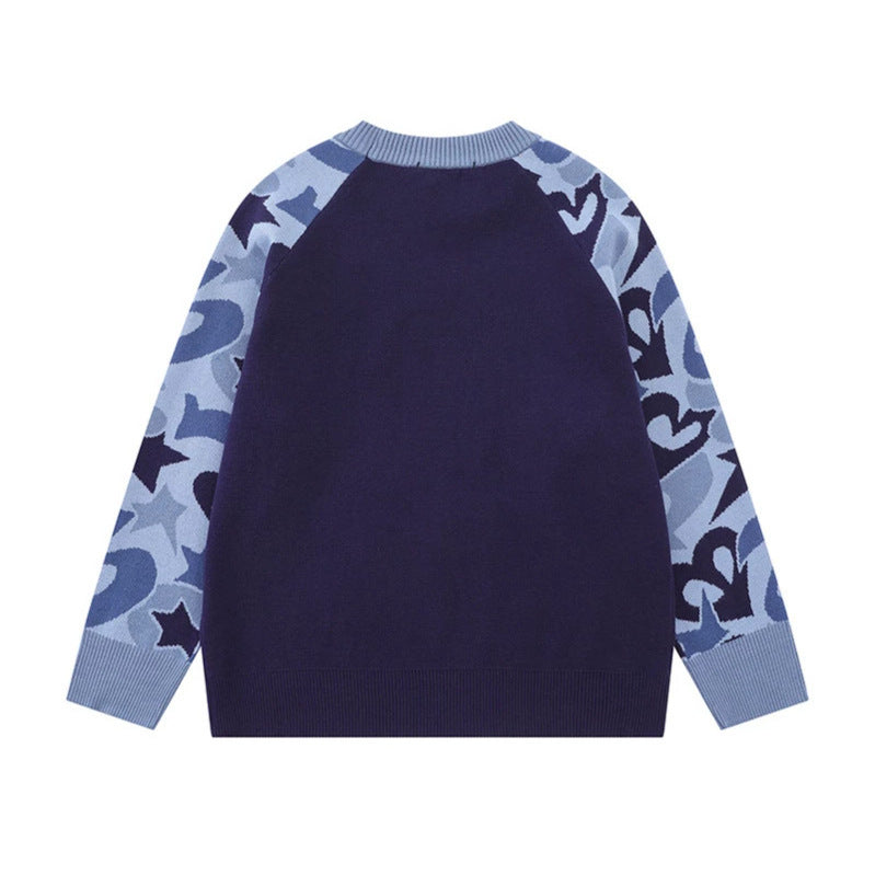 Women's knit sweater with raglan sleeves, statement jacquard sleeves, and ribbed hem Amarae