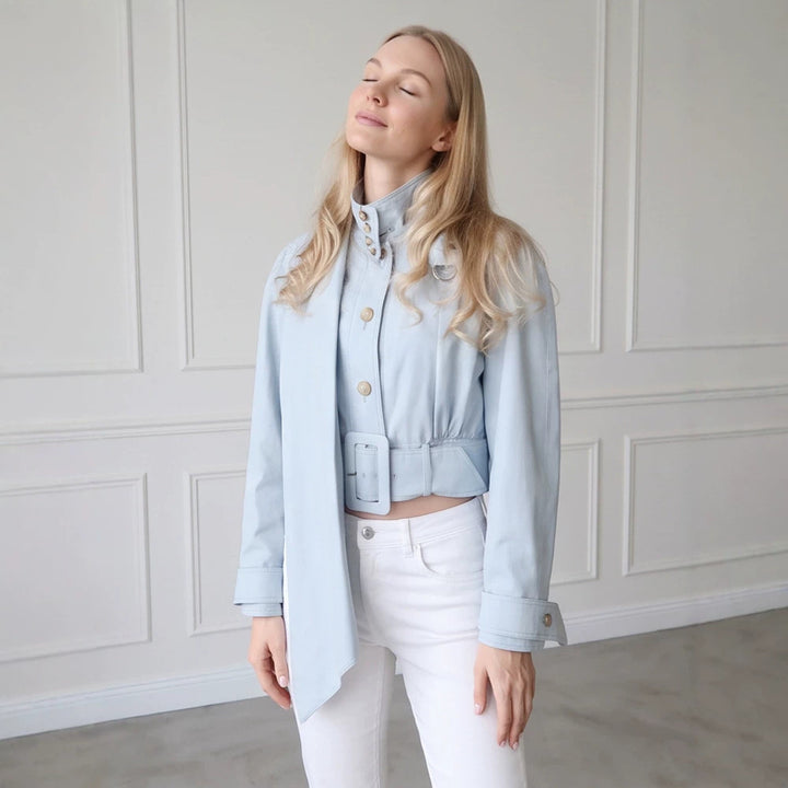 Women Tailored Cropped Jacket with Extra Long Bow & Wide Waist Belt Amarae