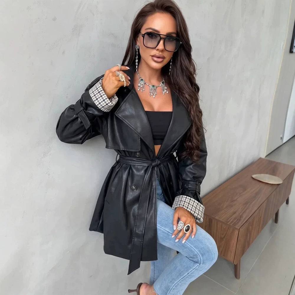 Women's Short Faux Leather Trench Coat with Belted Waist and Check Cuff Flaps Amarae