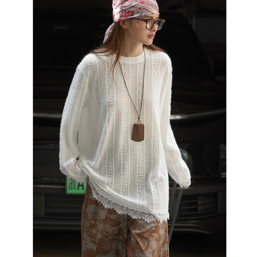 Women Transparent Lace-knit Pullover with Lace Edge Amarae