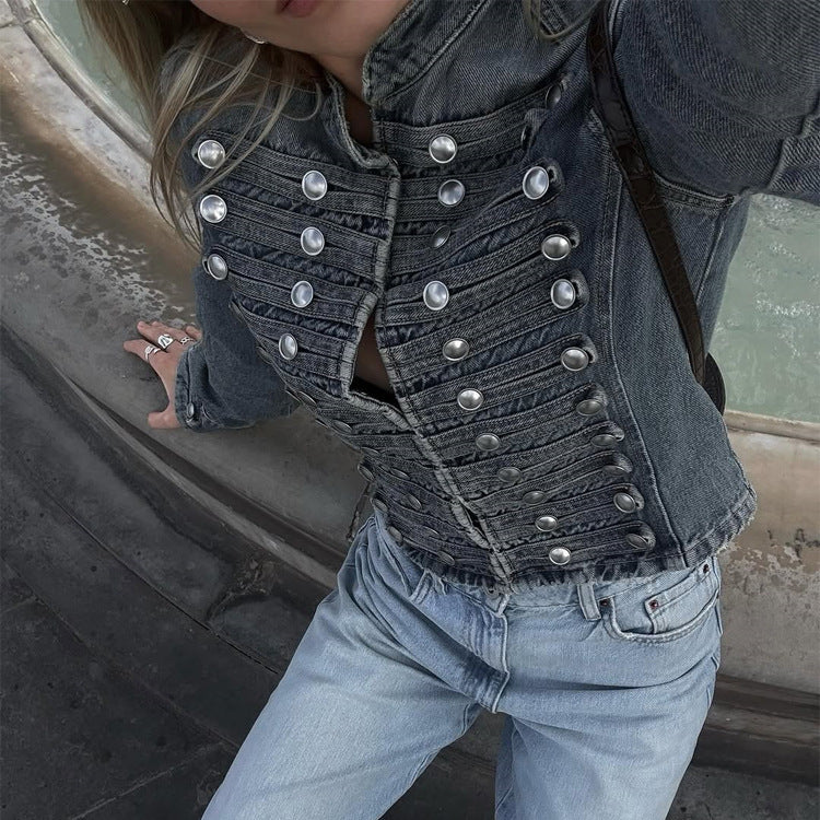Women's short cut military-inspired denim jacket with decorative stripes and metal buttons Amarae