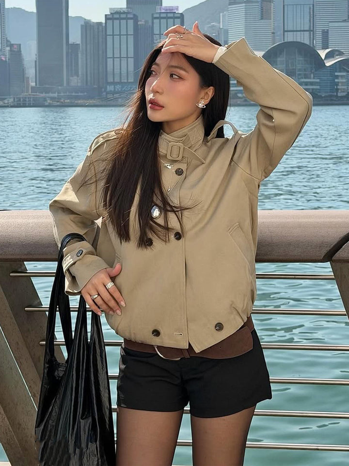 Women’s short jacket in Harrington style with stand-up collar, chin strap, and elastic waistband Amarae