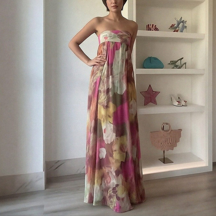 Robe longue de plage pour femmes avec design à épaules dénudées et motif floral Chic & Stil