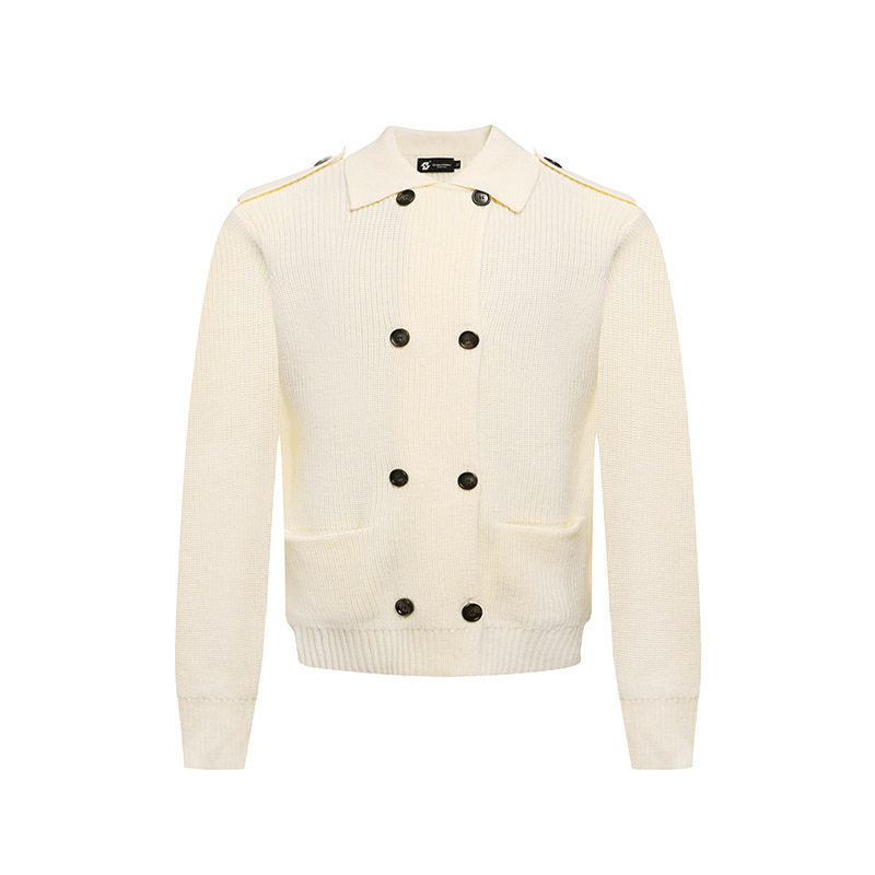 Men's knit double-breasted cardigan with collar, shoulder tabs, and welt pockets Amarae