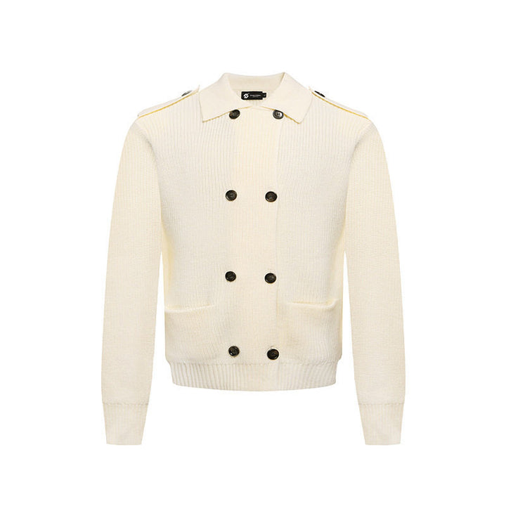 Men's knit double-breasted cardigan with collar, shoulder tabs, and welt pockets Amarae
