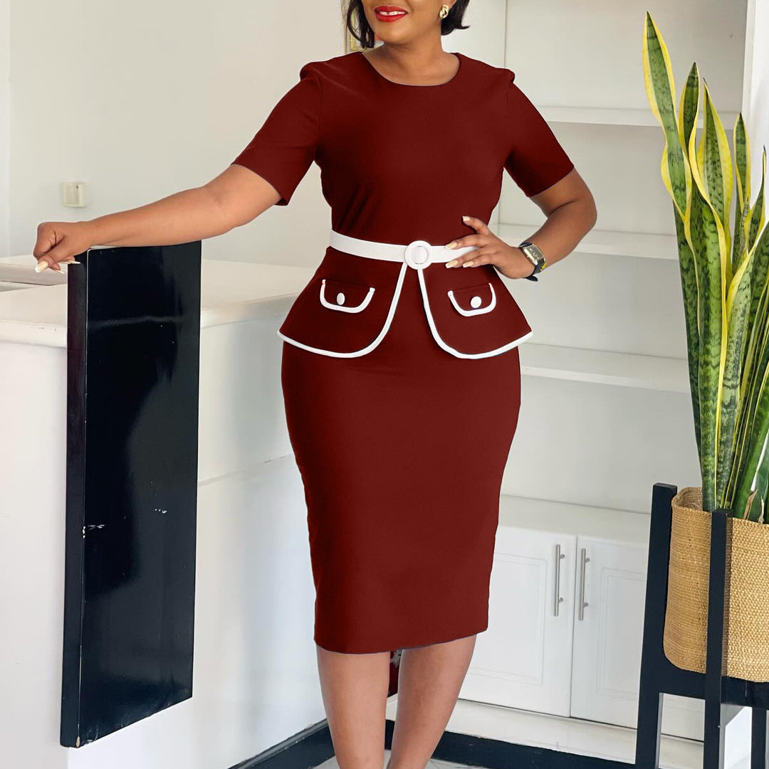 Women Elegant fitted dress with sparkling pocket application and wide belt Lune London