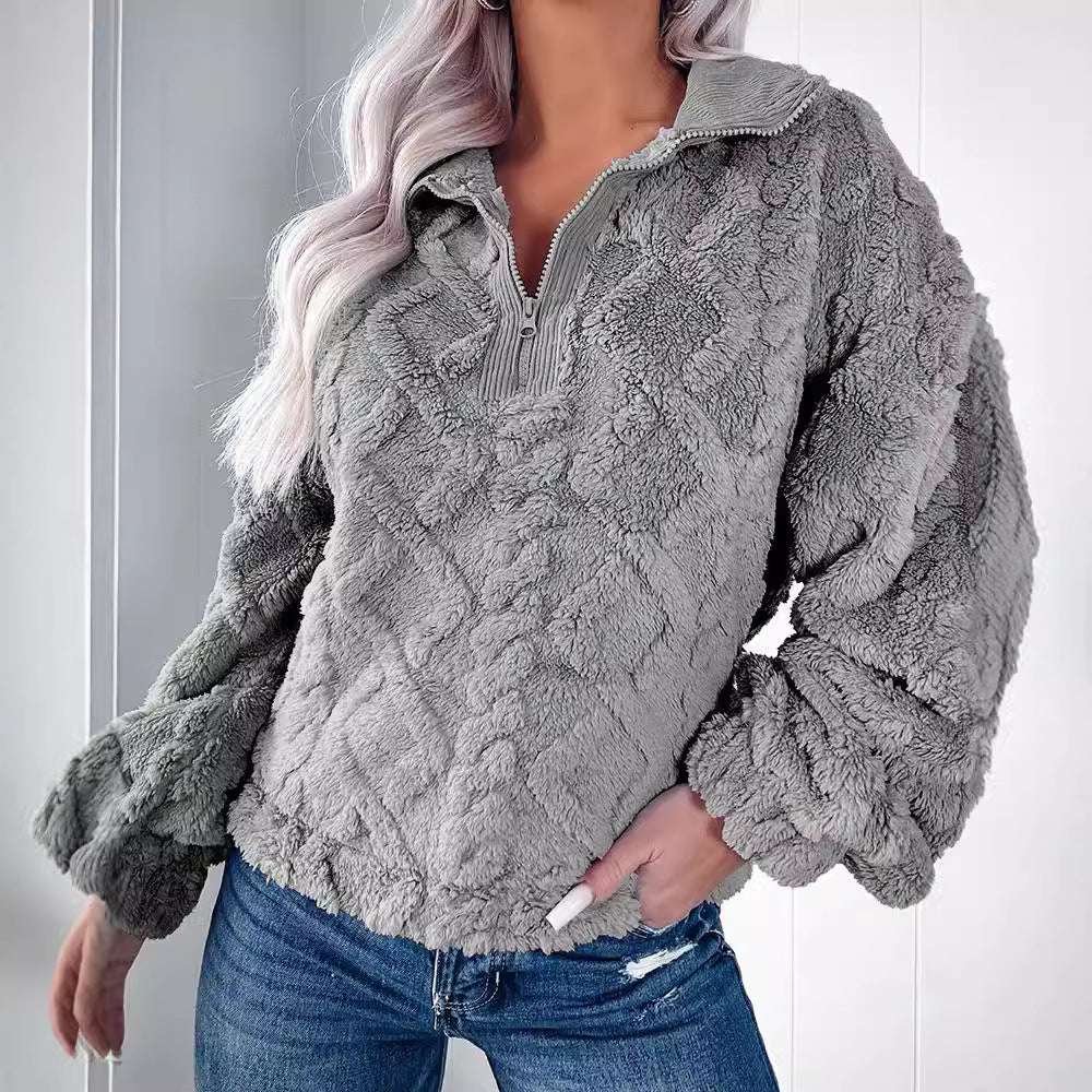 Cozy fleece sweater for women with half-zip and puff sleeves Lune London