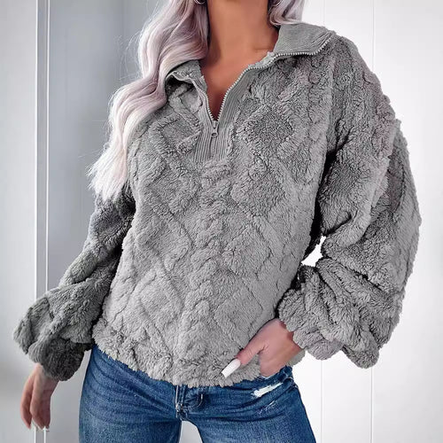 Cozy fleece sweater for women with half-zip and puff sleeves Amarae