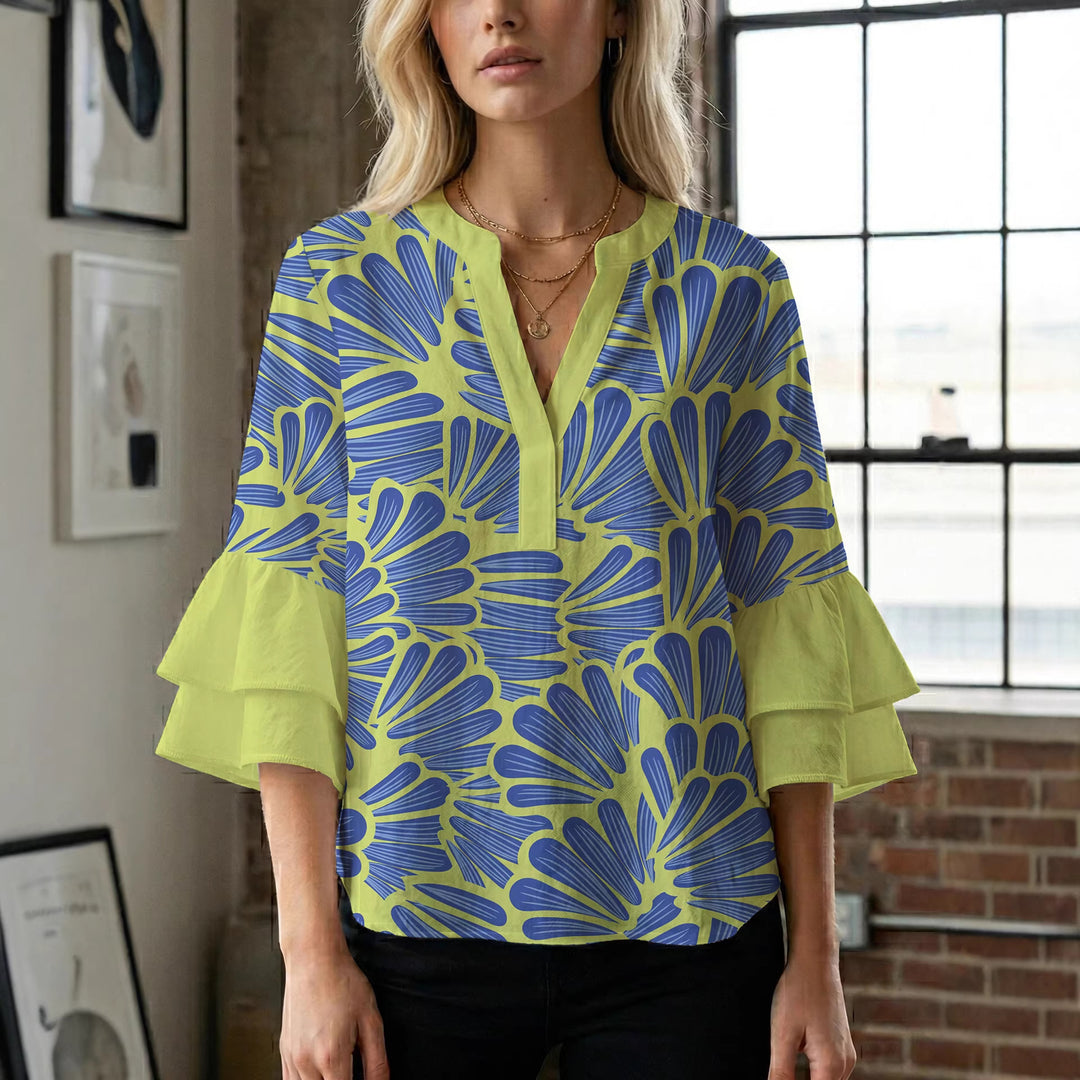 Ladies elegant blouse shirt with voluminous puff sleeves and graphic floral design Lune London