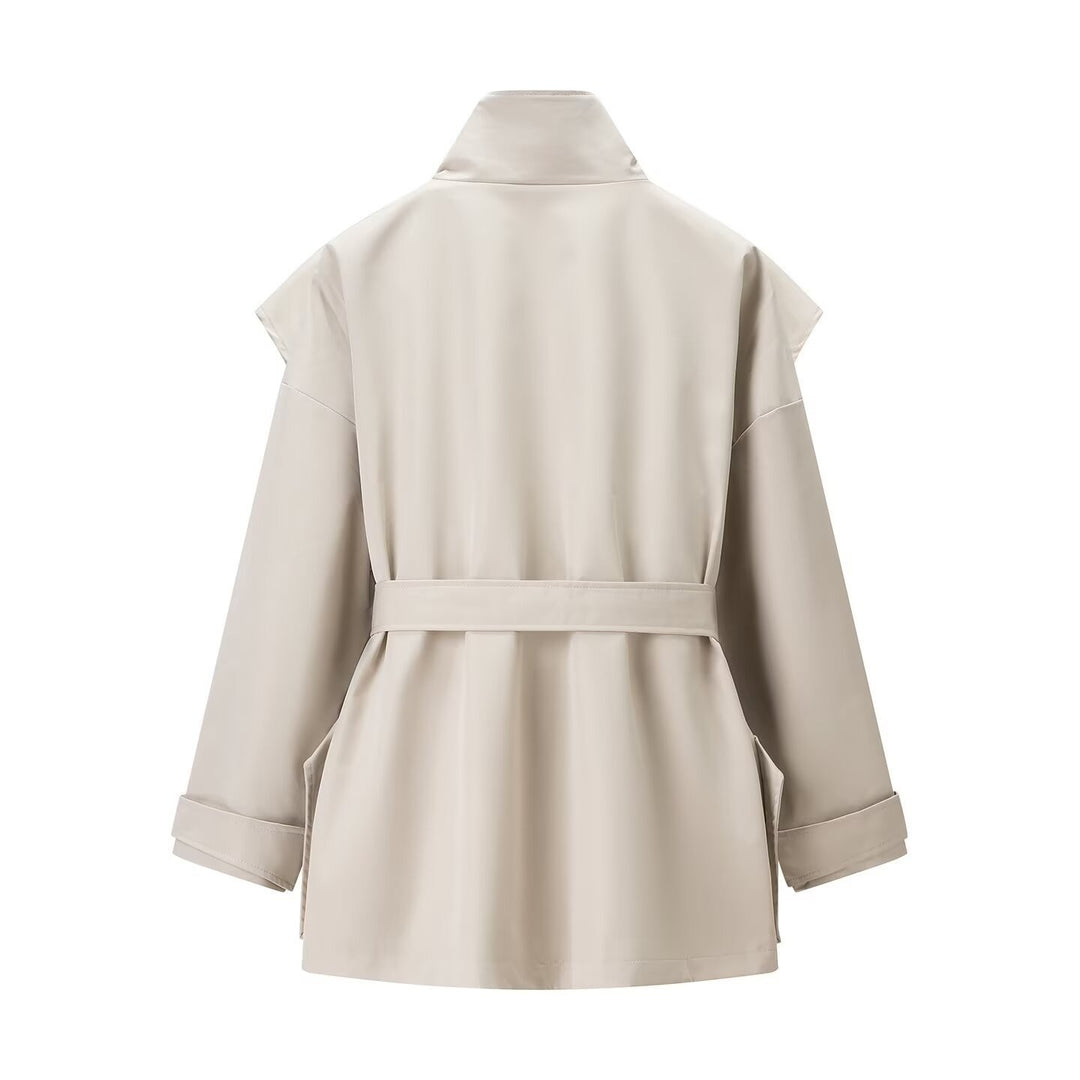 Women's Short Cape Trench with Stand Collar, Waist Belt, and Patch Pockets Amarae