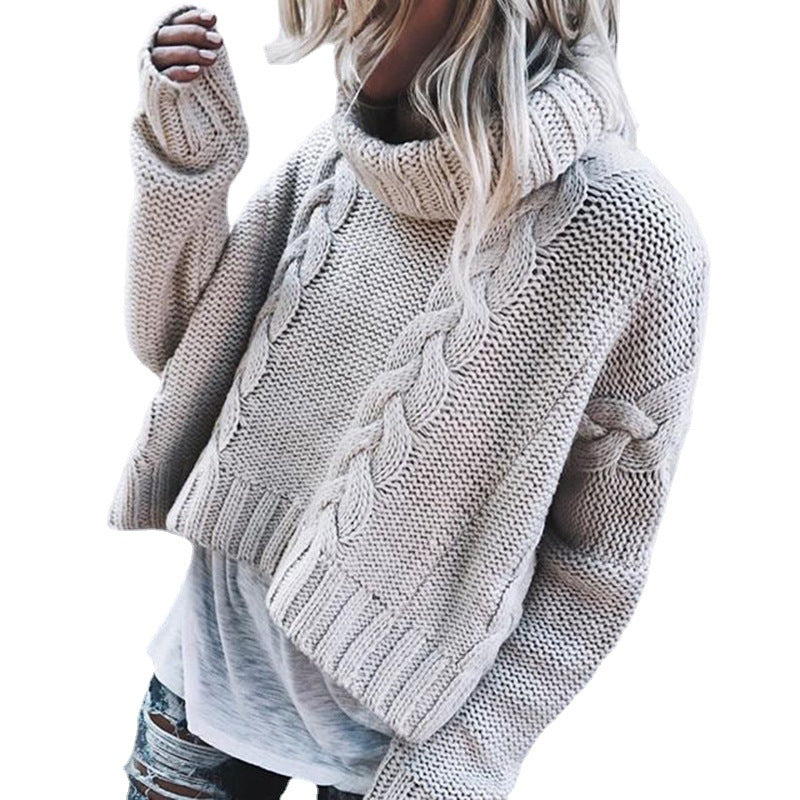 Chunky knit sweater for women with a high collar and strategically placed relief patterns.