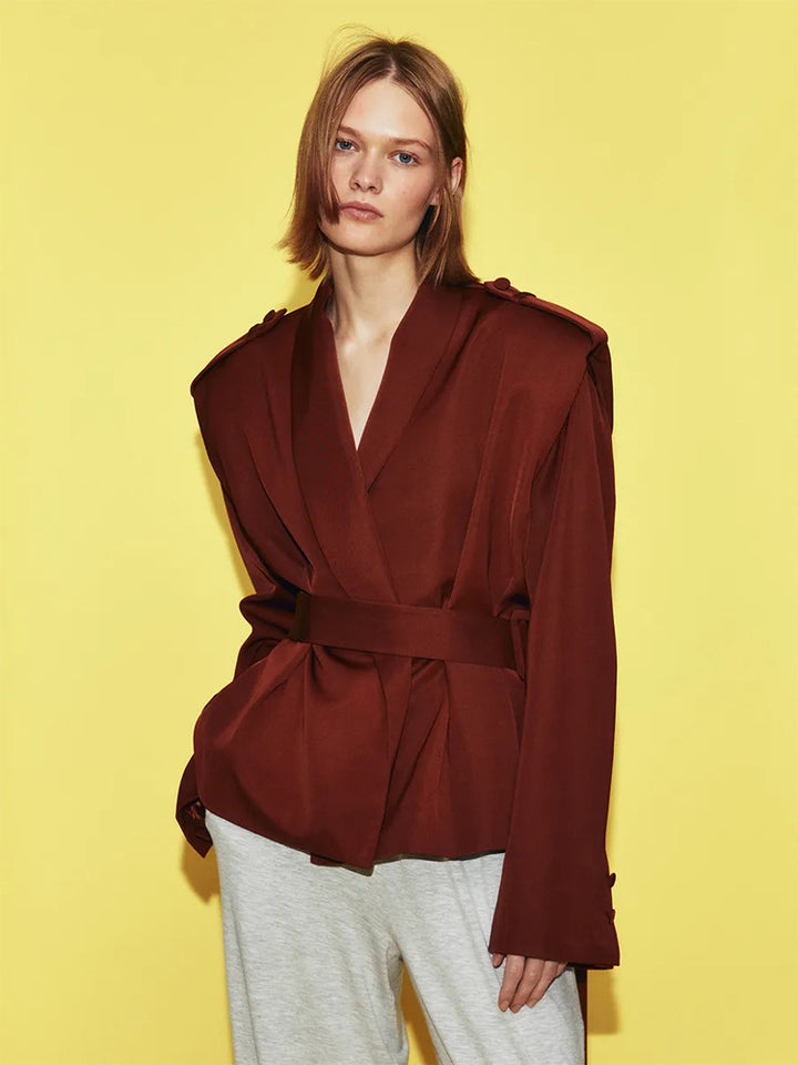Women Tailored Wrap Blazer with Wide Belt and Decorative Epaulettes Amarae