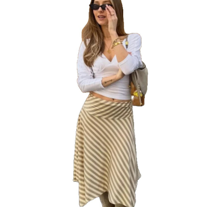 Women's Striped A-Line Midi Skirt with Asymmetrical Hem and Flowing Silhouette Amarae